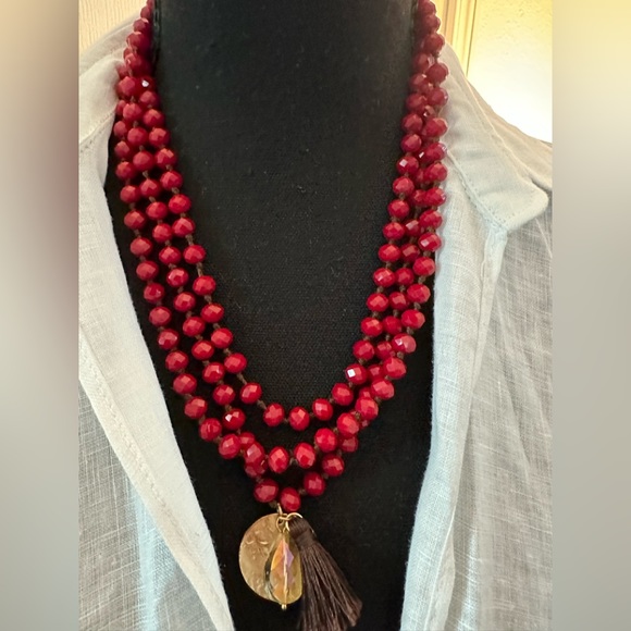 Ruby Red Long Necklace with Gold Coin, Tassel & Crystal, Single, Double, Triple - Picture 1 of 5